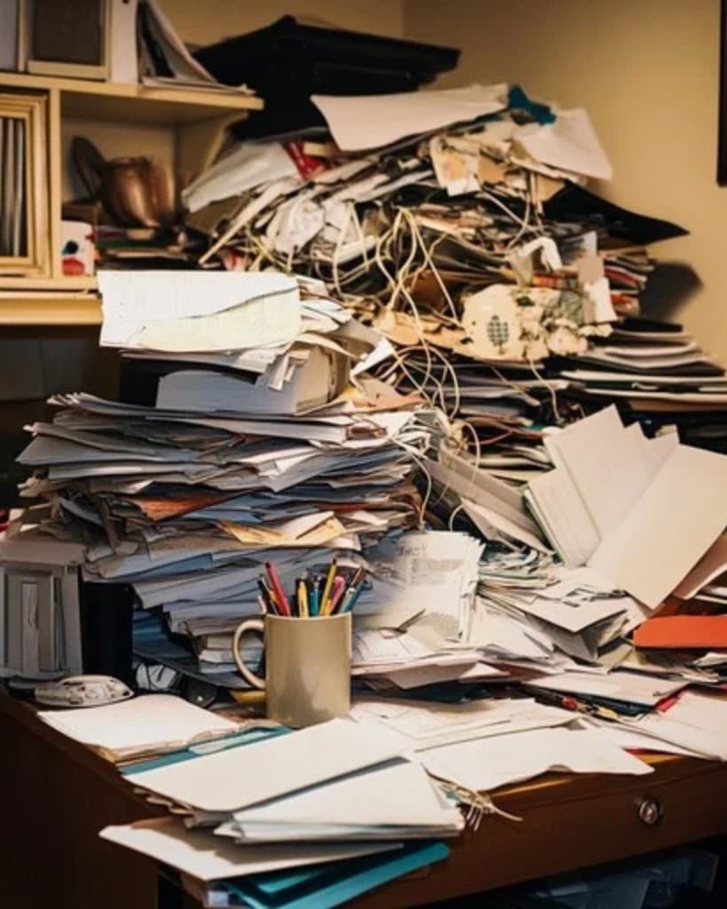 Desk buried under piles of paper logbooks and messy paperwork