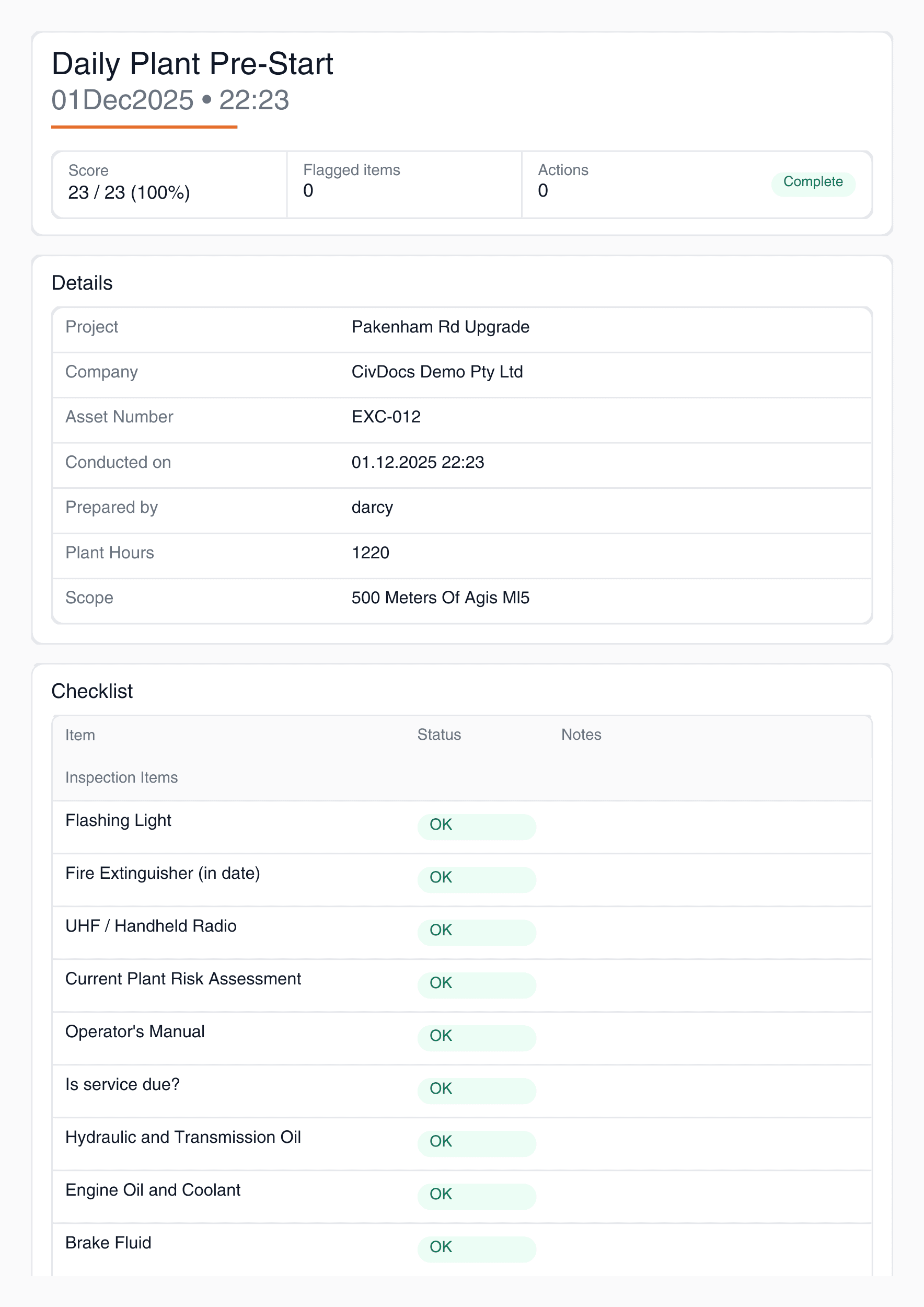 Pre-Start PDF Report Page 1