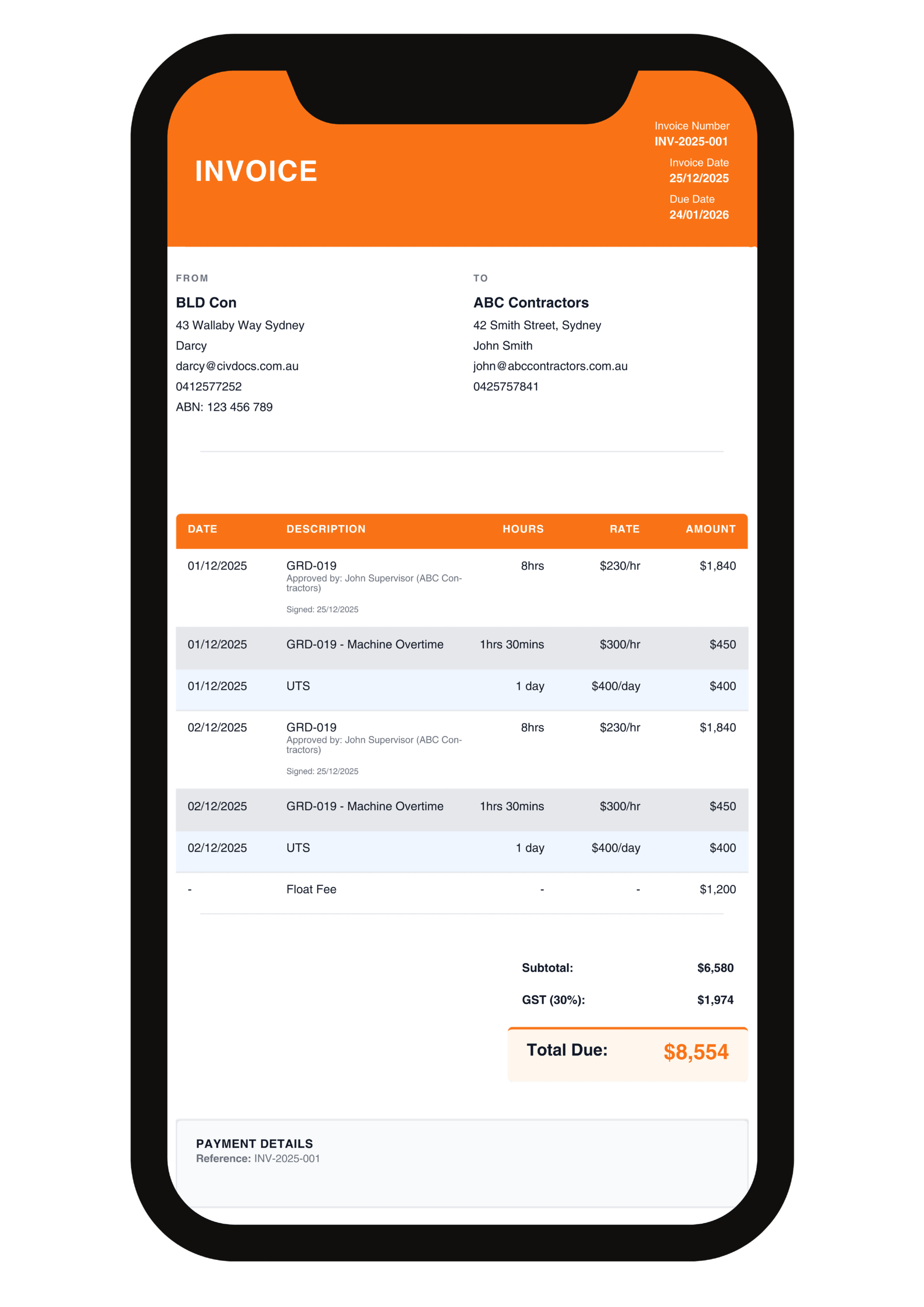 CivDocs generated invoice mobile screen showing automated invoice from approved logbook entries