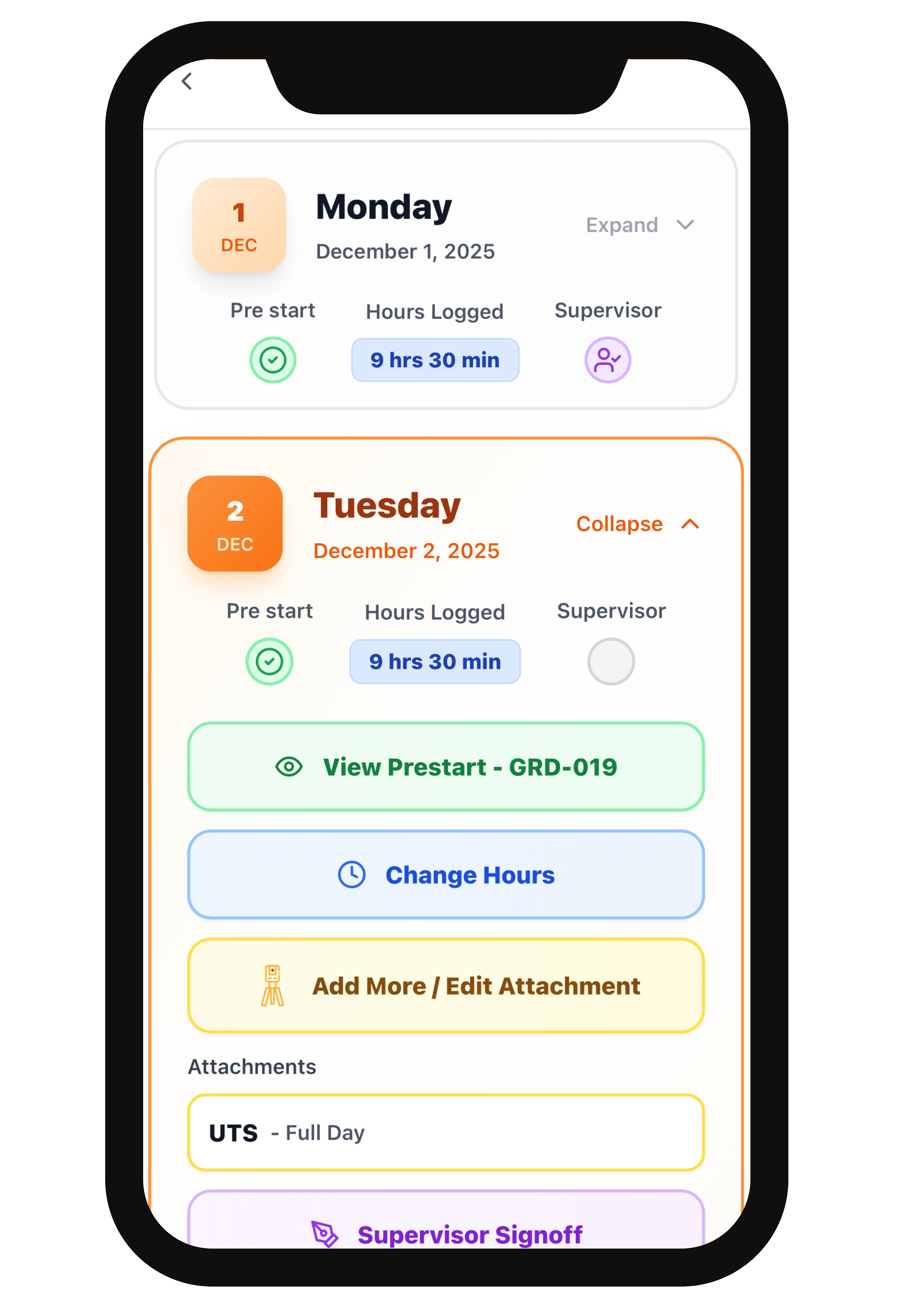 CivDocs daily logbook mobile screen showing machine hours and supervisor sign-off