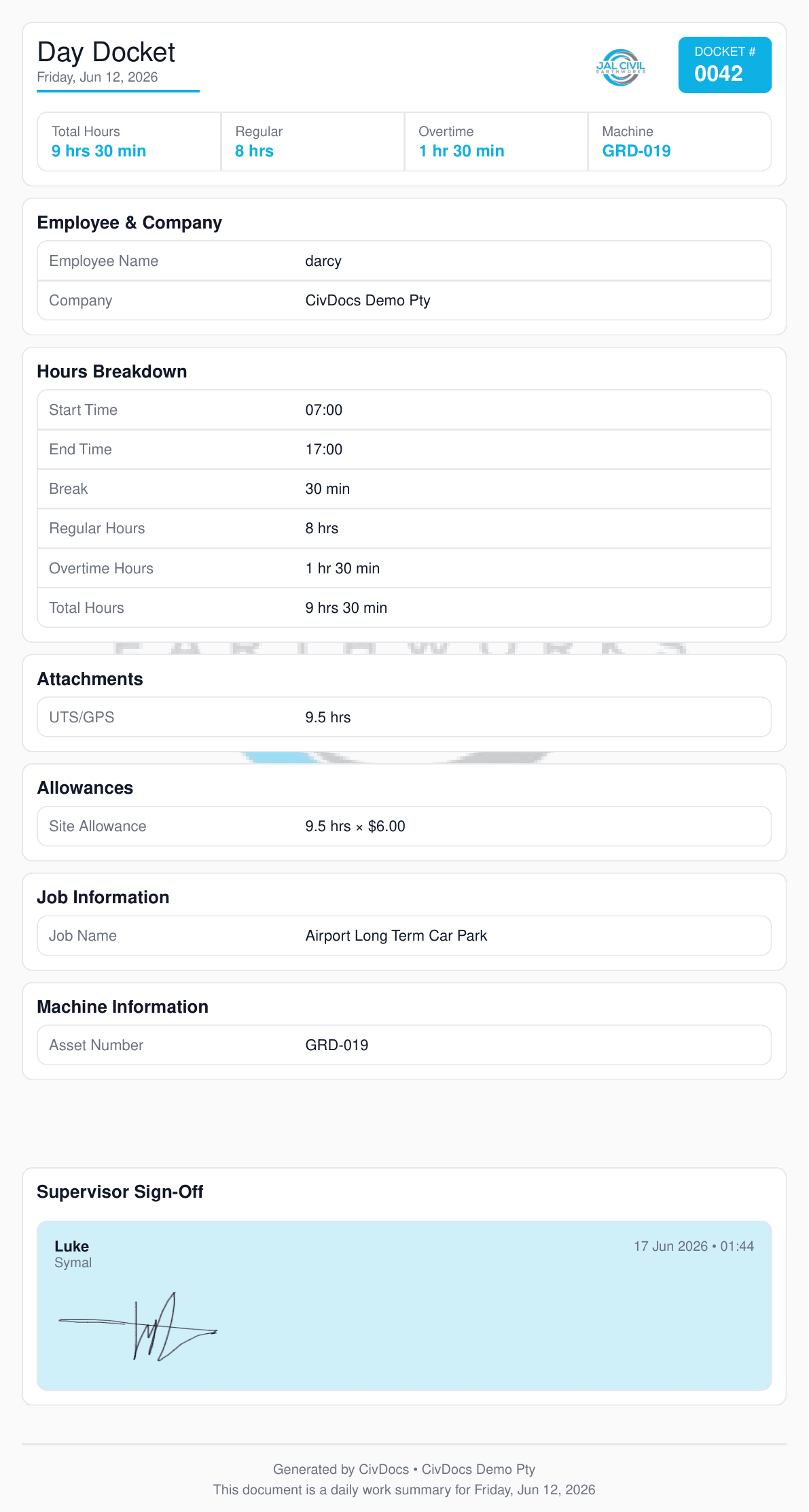 Sample Day Docket PDF — hours, machine, job details and supervisor sign-off