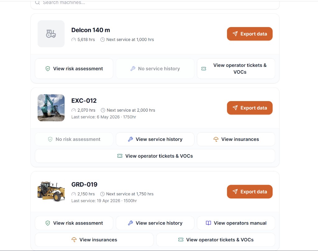 CivDocs machine compliance list — risk assessments, service history, operator tickets per machine