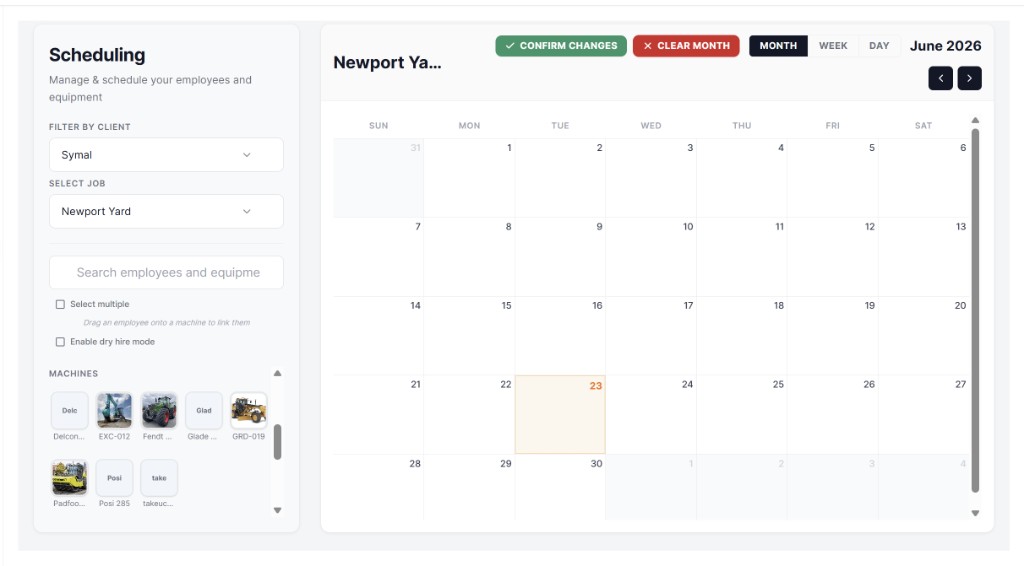 CivDocs scheduling calendar — drag and drop employees and machines onto jobs