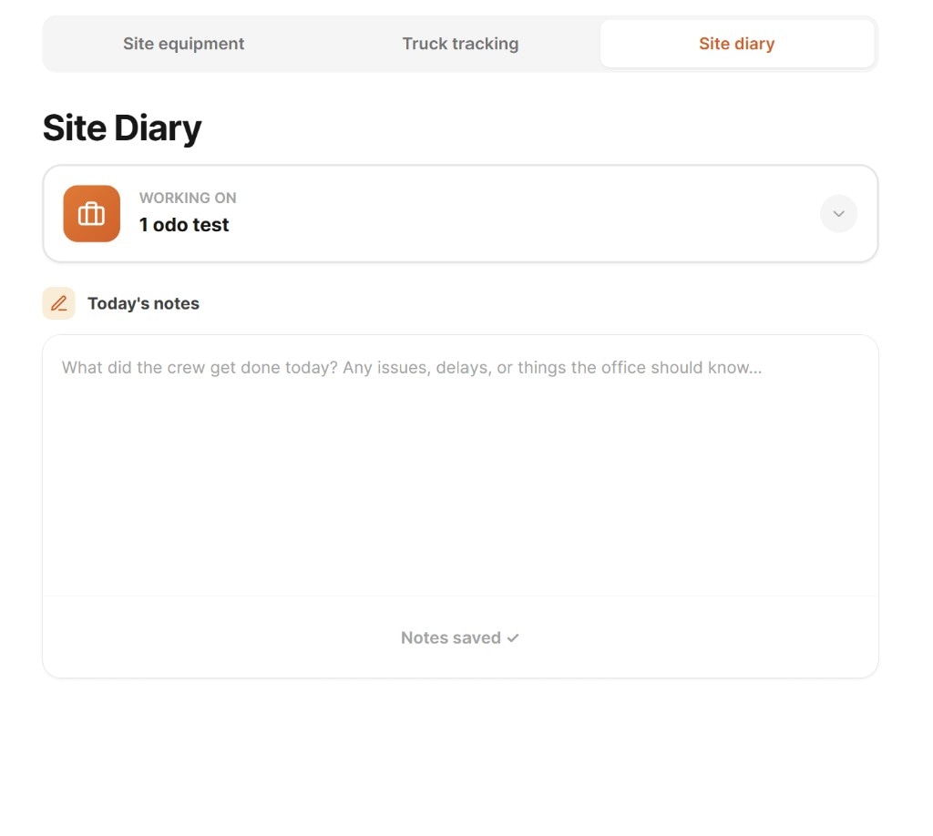 CivDocs site diary screen showing daily notes field for supervisors